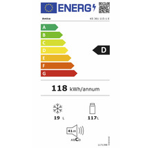 EU Energielabel für Amica KS 361 115-1 E: Energieklasse D, 118 Kilowattstunden pro Jahr, 117 Liter Kühlraum, 19 Liter Gefrierraum, 41 Dezibel.