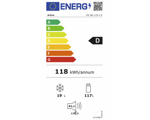EU Energielabel für Amica KS 361 115-1 E: Energieklasse D, 118 Kilowattstunden pro Jahr, 117 Liter Kühlraum, 19 Liter Gefrierraum, 41 Dezibel.