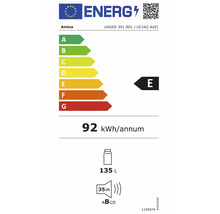 EU-Energielabel für Amica, Energieeffizienzklasse E, Verbrauch 92 Kilowattstunden pro Jahr, Inhalt 135 Liter, Geräuschemission 35 Dezibel.