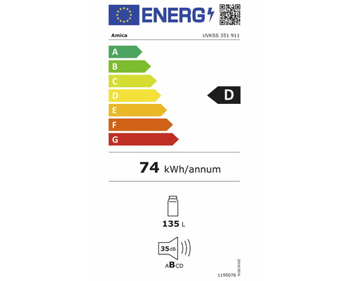 EU-Energielabel Amica UVKSS 351 911: Klasse D, 74 Kilowattstunden pro Jahr, 135 Liter Volumen, 35 Dezibel, Geräuschemissionsklasse B.