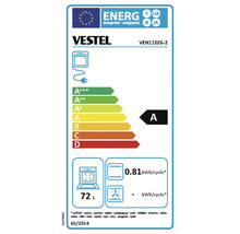 EU-Energielabel für Vestel Backofen VEH11026-2, Energieeffizienzklasse A, 0,81 Kilowattstunden pro Zyklus, 72 Liter Volumen.