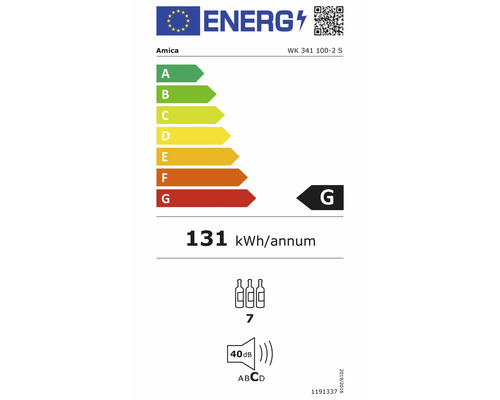 EU-Energielabel Amica WK 341 100-2 S, Energieklasse G, 131 Kilowattstunden pro Jahr, Kapazität 7 Flaschen, Geräuschwert 40 Dezibel.