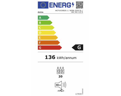 EU-Energielabel für Amica Weinkühlschrank, Energieeffizienzklasse G, 136 Kilowattstunden pro Jahr, Kapazität 20 Flaschen, Geräuschpegel 40 Dezibel.