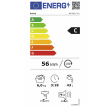 EU-Energielabel von Amica für Waschmaschine WT 461 711, Klasse C, 56 Kilowattstunden pro 100 Zyklen, 6 Kilogramm, 43 Liter, 78 Dezibel.