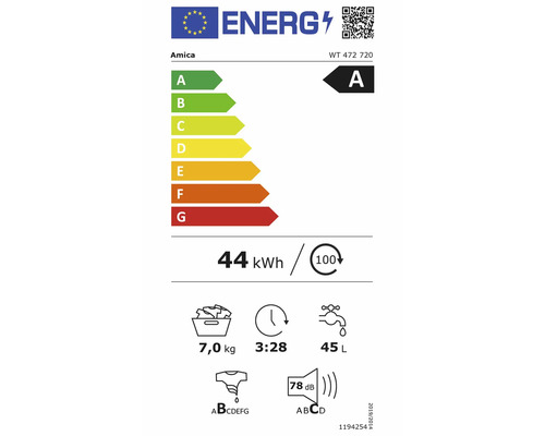 EU-Energielabel für Amica WT 472 720, Energieeffizienzklasse A, Verbrauch 44 Kilowattstunden pro 100 Zyklen, Kapazität 7,0 Kilogramm.