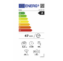 Amica Energielabel Modell WT 483 700: Energieeffizienzklasse A, 47 Kilowattstunden pro 100 Zyklen, 8 Kilogramm Kapazität, 48 Liter Wasser.