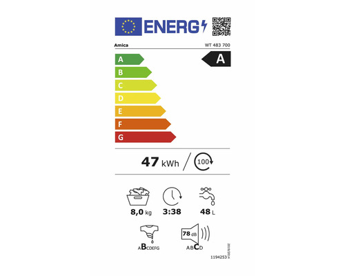 Amica Energielabel Modell WT 483 700: Energieeffizienzklasse A, 47 Kilowattstunden pro 100 Zyklen, 8 Kilogramm Kapazität, 48 Liter Wasser.