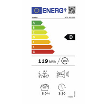Europäisches Energielabel für Amica WTP 483 000. Energieeffizienzklasse D, 119 Kilowattstunden pro 100 Zyklen, Nennkapazität 8,0 Kilogramm.