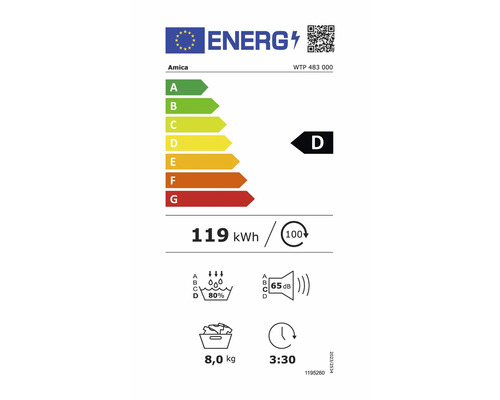 Europäisches Energielabel für Amica WTP 483 000. Energieeffizienzklasse D, 119 Kilowattstunden pro 100 Zyklen, Nennkapazität 8,0 Kilogramm.