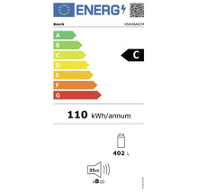 Bosch EU-Energielabel Modell KSN36AICM, Energieeffizienzklasse C, 110 Kilowattstunden pro Jahr, 402 Liter Inhalt, 35 Dezibel, Geräuschklasse B.