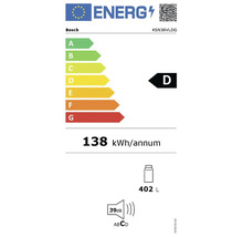 Bosch KSN36VLDG Europäisches Energielabel, Energieeffizienzklasse D, 138 Kilowattstunden pro Jahr, 402 Liter Inhalt, 39 Dezibel Klasse C.