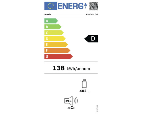 Bosch KSN36VLDG Europäisches Energielabel, Energieeffizienzklasse D, 138 Kilowattstunden pro Jahr, 402 Liter Inhalt, 39 Dezibel Klasse C.