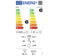 Bosch Logo. Energielabel der Europäischen Union für Waschtrockner WKD28490. Effizienzklasse E für Waschen und Trocknen, Klasse A für Waschen.