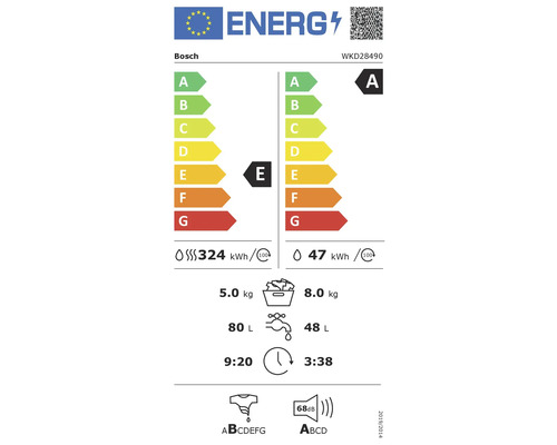 Bosch Logo. Energielabel der Europäischen Union für Waschtrockner WKD28490. Effizienzklasse E für Waschen und Trocknen, Klasse A für Waschen.