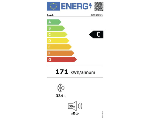 Bosch EU-Energielabel für Gefrierschrank GSN36AICM, Energieklasse C, 171 Kilowattstunden pro Jahr, 334 Liter Inhalt, 35 Dezibel.