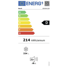 EU Energielabel Bosch GSN36VLDG, Energieeffizienzklasse D, 214 Kilowattstunden pro Jahr, 334 Liter Gefriervolumen, 35 Dezibel, Geräuschklasse B.