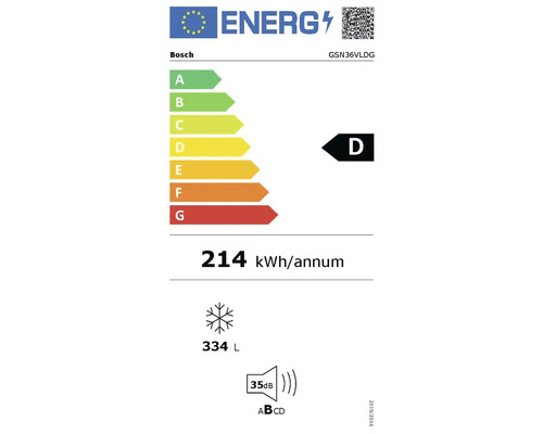 EU Energielabel Bosch GSN36VLDG, Energieeffizienzklasse D, 214 Kilowattstunden pro Jahr, 334 Liter Gefriervolumen, 35 Dezibel, Geräuschklasse B.