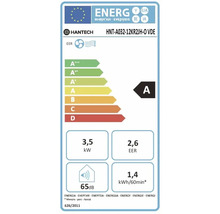 Hantech Logo, Energielabel, Energieeffizienzklasse A, Kühlleistung 3,5 Kilowatt, Energieeffizienzverhältnis 2,6, Geräuschpegel 65 Dezibel.