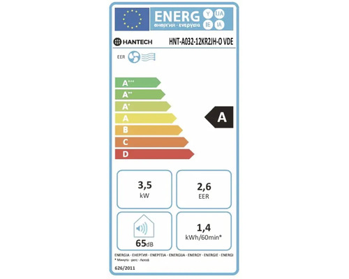 Hantech Logo, Energielabel, Energieeffizienzklasse A, Kühlleistung 3,5 Kilowatt, Energieeffizienzverhältnis 2,6, Geräuschpegel 65 Dezibel.