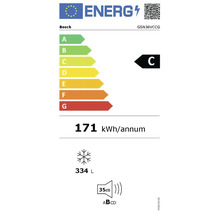 Europäisches Energielabel Bosch GSN36VCCG, Klasse C, 171 Kilowattstunden pro Jahr, 334 Liter Gefriervolumen, 35 Dezibel Geräuschemission Klasse B.