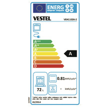 Energielabel für Vestel Backofen VEH11026-2 mit Energieeffizienzklasse A, 72 Liter Volumen und 0.81 Kilowattstunden pro Zyklus.