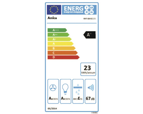 Europäisches Energielabel für Amica KHF 664 611 S, Energieeffizienzklasse A plus plus, 23 Kilowattstunden pro Jahr, 67 Dezibel.