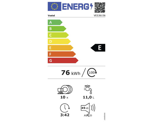 Energielabel Vestel VES36156: Klasse E, 76 Kilowattstunden pro 100 Zyklen, 10 Maßgedecke, 11 Liter Wasser, 3 Stunden 42 Minuten, 49 Dezibel.