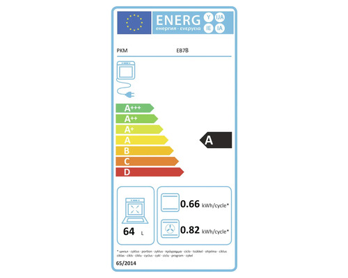 EU-Energielabel PKM EB7B. Energieklasse A. Verbrauch 0,66 Kilowattstunden konventionell und 0,82 Heißluft pro Zyklus. Volumen 64 Liter.