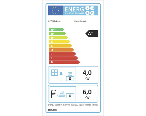 EU-Energielabel Justus Island Aqua II: Energieeffizienzklasse A plus, 4,0 Kilowatt direkte Wärmeleistung, 6,0 Kilowatt indirekte Wärmeleistung.