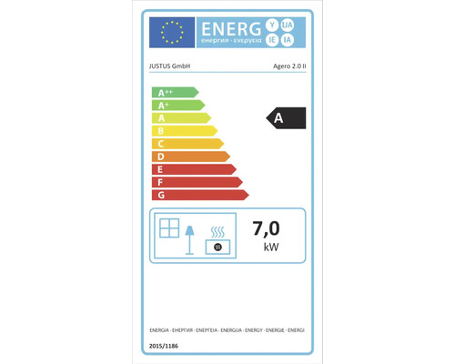 Energielabel für Justus Agero 2.0 II mit Energieeffizienzklasse A und einer Wärmeleistung von 7,0 Kilowatt.