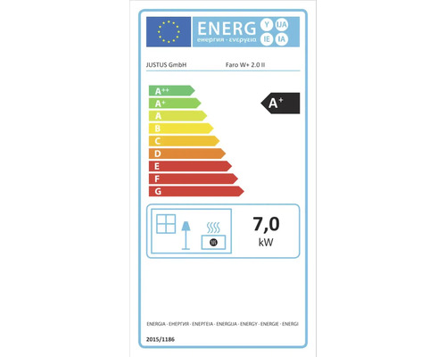 EU-Energielabel für JUSTUS GmbH Modell Faro W plus 2.0 II, Energieeffizienzklasse A plus, Wärmeleistung 7,0 Kilowatt.