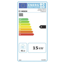 EU-Energielabel für Bosch Condens 5300i W mit Energieeffizienzklasse A, 15 Kilowatt Leistung und 45 Dezibel Lautstärke.
