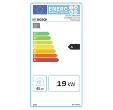 EU-Energielabel für Bosch Heizgerät Condens 9800i WA, Energieeffizienzklasse A, Wärmeleistung 19 Kilowatt, Schallleistungspegel 45 Dezibel.