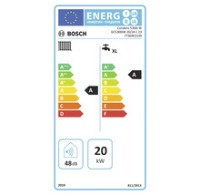 Bosch Energieetikett für Heizung und Warmwasser, Klasse A, 48 Dezibel, 20 Kilowatt.