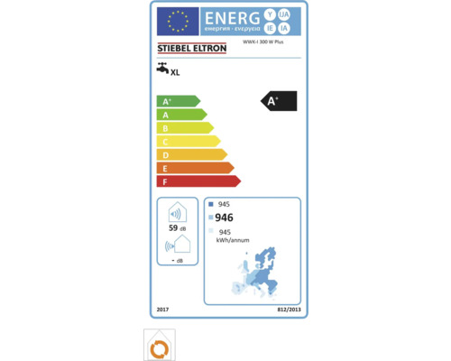 EU-Energielabel für Stiebel Eltron WWK-I 300 W Plus, Energieeffizienzklasse A plus, Lastprofil XL, 59 Dezibel, 946 Kilowattstunden pro Jahr.