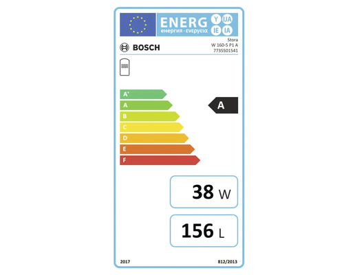 EU Energielabel für Bosch Stora W 160-5 P1 A, Energieeffizienzklasse A, Wärmeverlust 38 Watt, Speichervolumen 156 Liter.