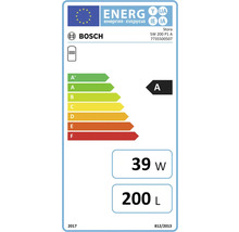Bosch Energieeffizienzlabel für Warmwasserspeicher mit Energieeffizienzklasse A, 39 Watt Wärmeverlust und 200 Liter Volumen.