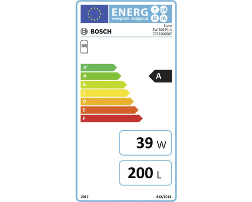 Bosch Energieeffizienzlabel für Warmwasserspeicher mit Energieeffizienzklasse A, 39 Watt Wärmeverlust und 200 Liter Volumen.