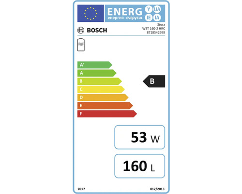 Bosch Logo. Energieeffizienzlabel für Warmwasserspeicher Stora WST 160-2 HRC, Klasse B, Warmhalteverlust 53 Watt, Volumen 160 Liter.