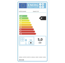 EU-Energielabel für Justus GmbH Island 5 2.0 mit Energieeffizienzklasse A plus und einer Nennwärmeleistung von 5,0 Kilowatt.