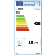 Bosch Logo. Europäisches Energielabel für Heizgeräte: Klasse A, 45 Dezibel, 15 Kilowatt.