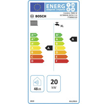 Bosch Logo. EU-Energielabel für Bosch Condens 7800i W. Heizung Energieeffizienzklasse A, Warmwasserbereitung Klasse A XL, 48 Dezibel, 20 Kilowatt.