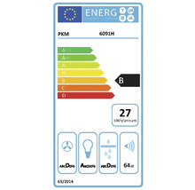 EU Energielabel für PKM 6091H, Energieeffizienzklasse B, 27 Kilowattstunden pro Jahr, Geräuschpegel 64 Dezibel.