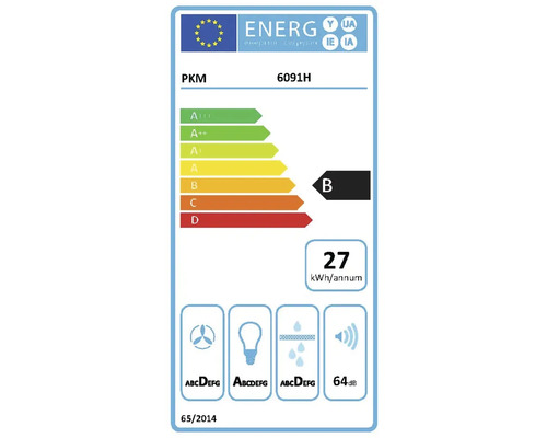 EU Energielabel für PKM 6091H, Energieeffizienzklasse B, 27 Kilowattstunden pro Jahr, Geräuschpegel 64 Dezibel.