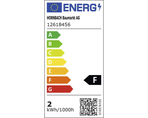 Hornbach Energielabel Klasse F, Modell 12618456. Skala A bis G, Energieverbrauch 2 Kilowattstunden pro 1000 Stunden.