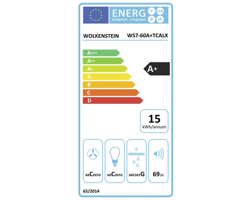 Energielabel für Wolkenstein WS7-60A+TCALX, Energieeffizienzklasse A plus, 15 Kilowattstunden pro Jahr, 69 Dezibel.