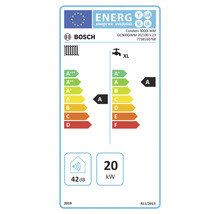 Bosch Logo, Bosch Condens 9000i WM Energielabel, Energieeffizienzklasse A für Heizung und Warmwasser, 42 Dezibel, 20 Kilowatt.