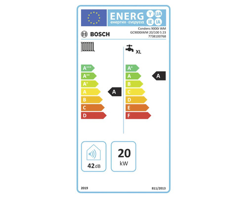 Bosch Logo, Bosch Condens 9000i WM Energielabel, Energieeffizienzklasse A für Heizung und Warmwasser, 42 Dezibel, 20 Kilowatt.