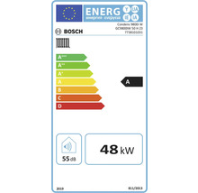 Bosch Logo. Europäisches Energielabel für Bosch Condens 9800i W. Energieeffizienzklasse A, Leistung 48 Kilowatt, Schallleistungspegel 55 Dezibel.
