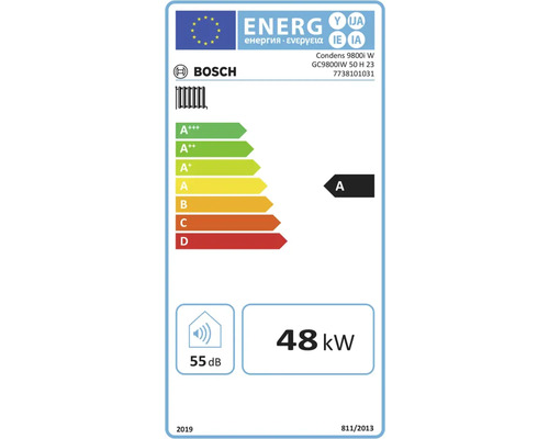 Bosch Logo. Europäisches Energielabel für Bosch Condens 9800i W. Energieeffizienzklasse A, Leistung 48 Kilowatt, Schallleistungspegel 55 Dezibel.